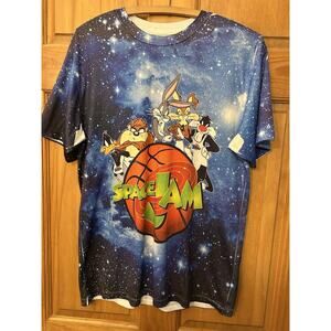 VTG SpaceJam Polyester Big Logo Short Sleeve Tee Shirt Small All Over Bugs Bunny